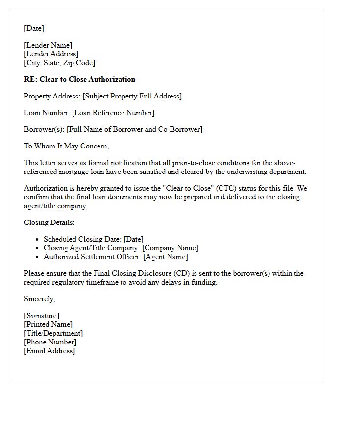 Clear To Close Authorization Letter