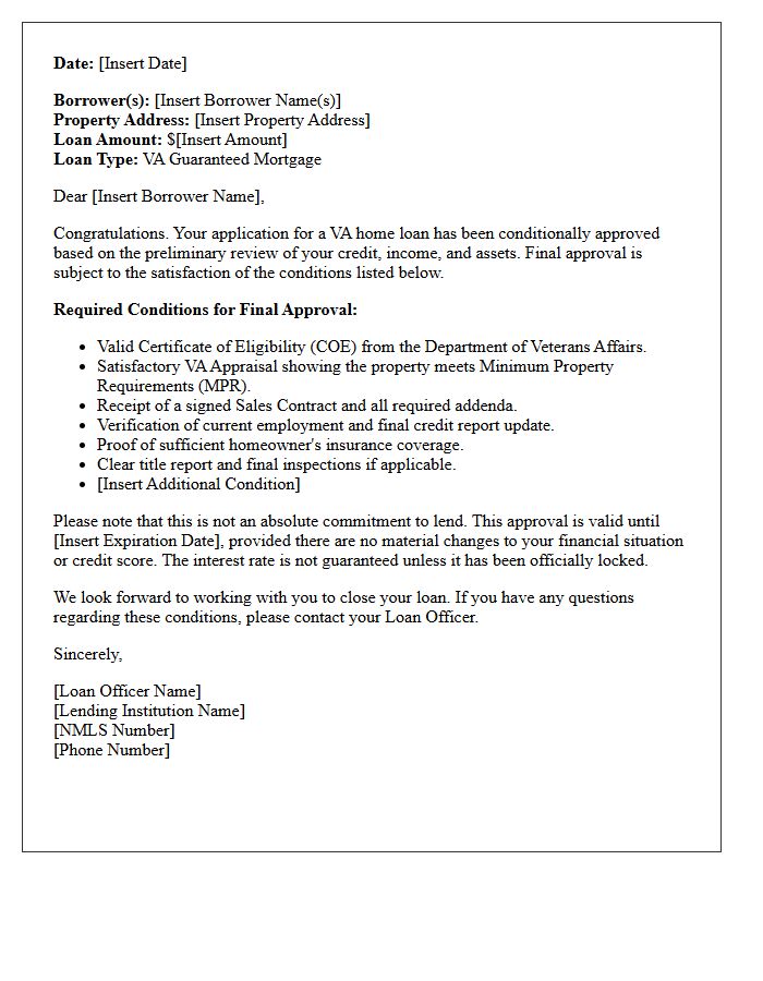 Veterans Affairs Conditional Loan Approval Letter