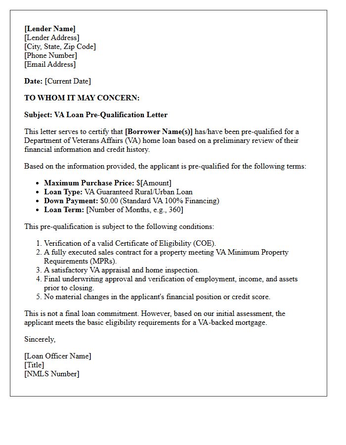 Veterans Affairs Loan Pre-Qualification Letter