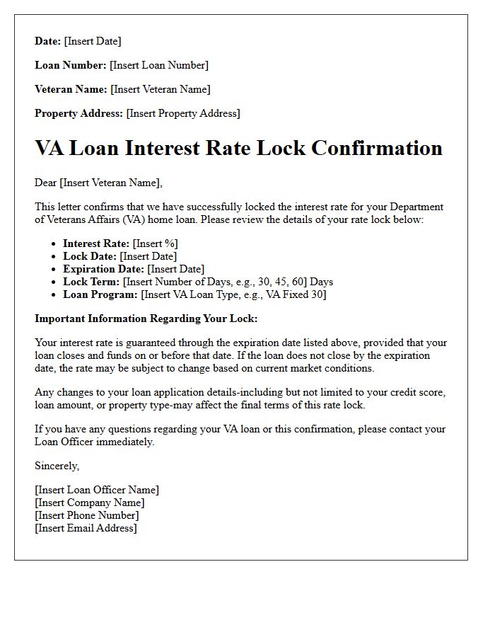 Veterans Affairs Rate Lock Confirmation Letter