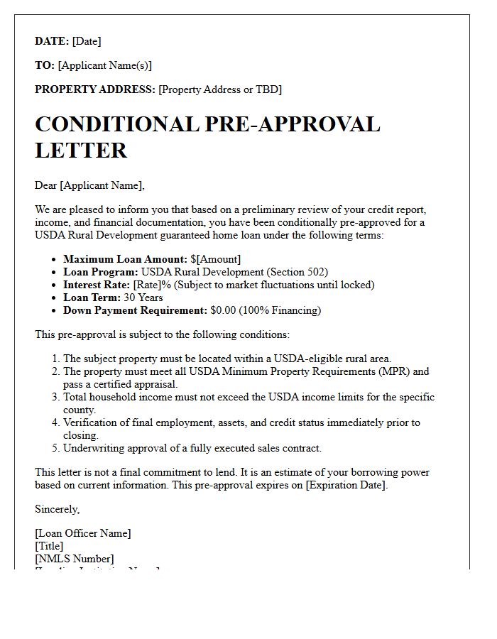 Conditional United States Department of Agriculture Mortgage Pre-Approval Letter