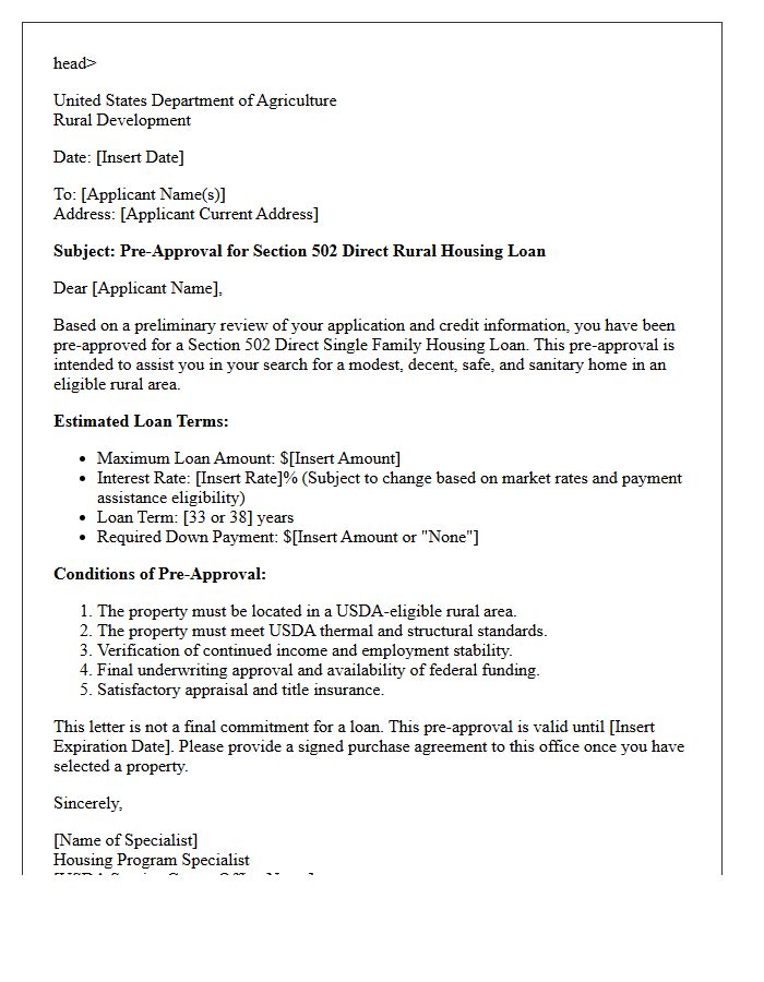 Section 502 Direct Rural Housing Loan Pre-Approval Letter