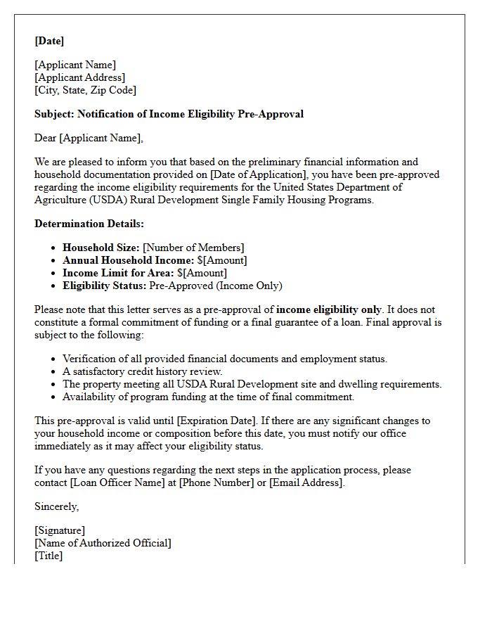 United States Department of Agriculture Income Eligibility Pre-Approval Letter