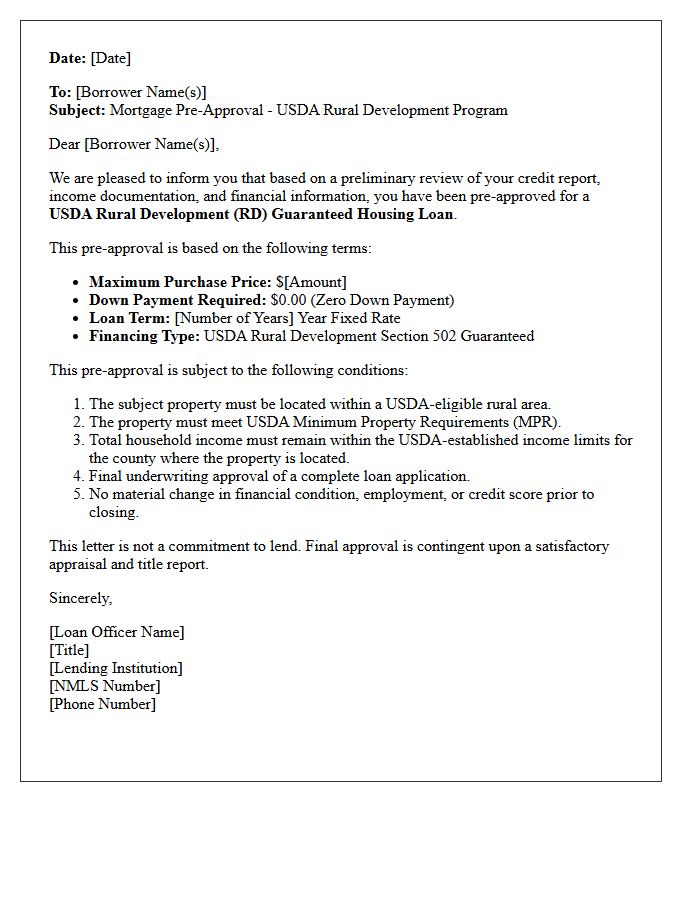 Zero Down Payment Rural Development Mortgage Pre-Approval Letter