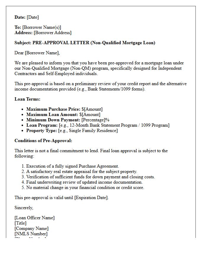 Independent Contractor Non-Qualified Mortgage Pre-Approval Letter