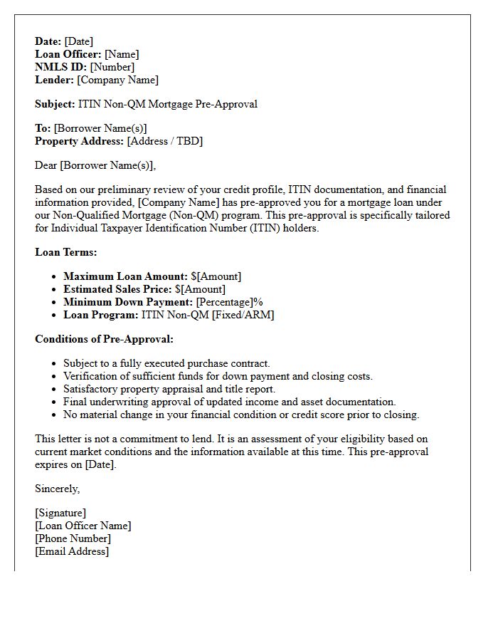 Individual Taxpayer Identification Number Non-Qualified Mortgage Pre-Approval Letter