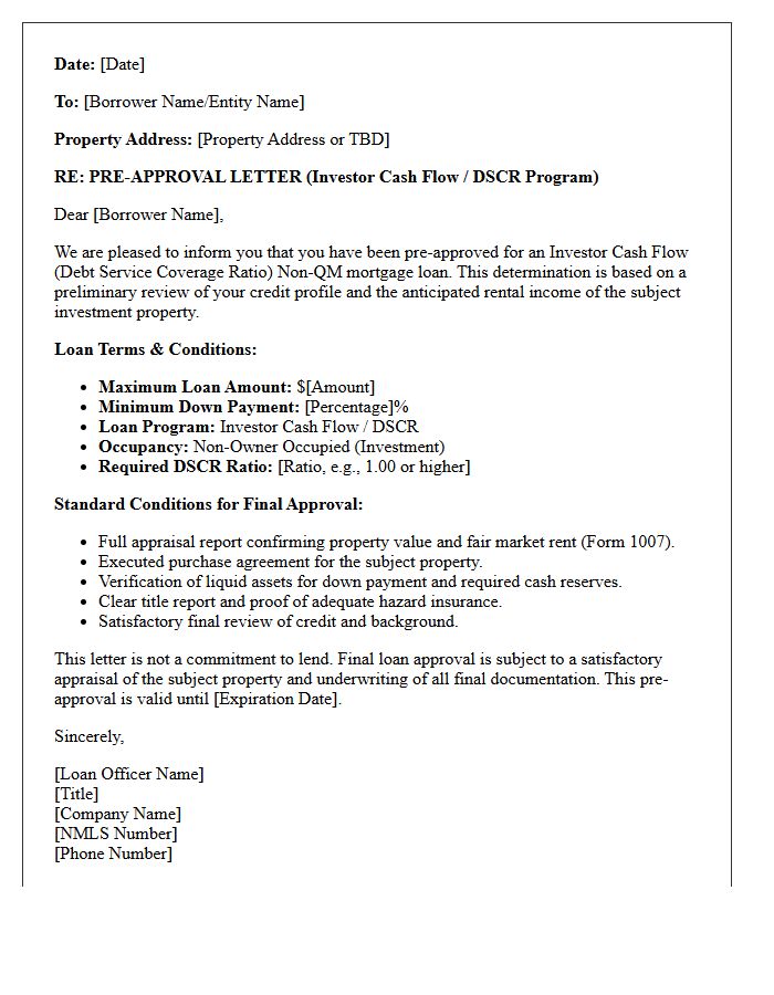 Investor Cash Flow Non-Qualified Mortgage Pre-Approval Letter