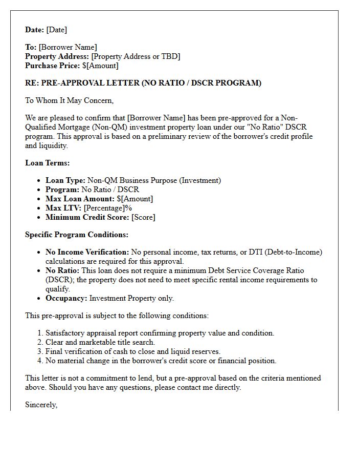 No Ratio Investment Property Non-Qualified Mortgage Pre-Approval Letter