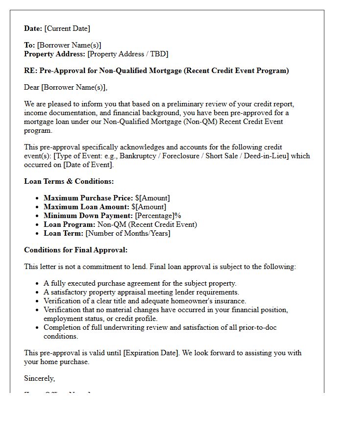 Recent Credit Event Non-Qualified Mortgage Pre-Approval Letter