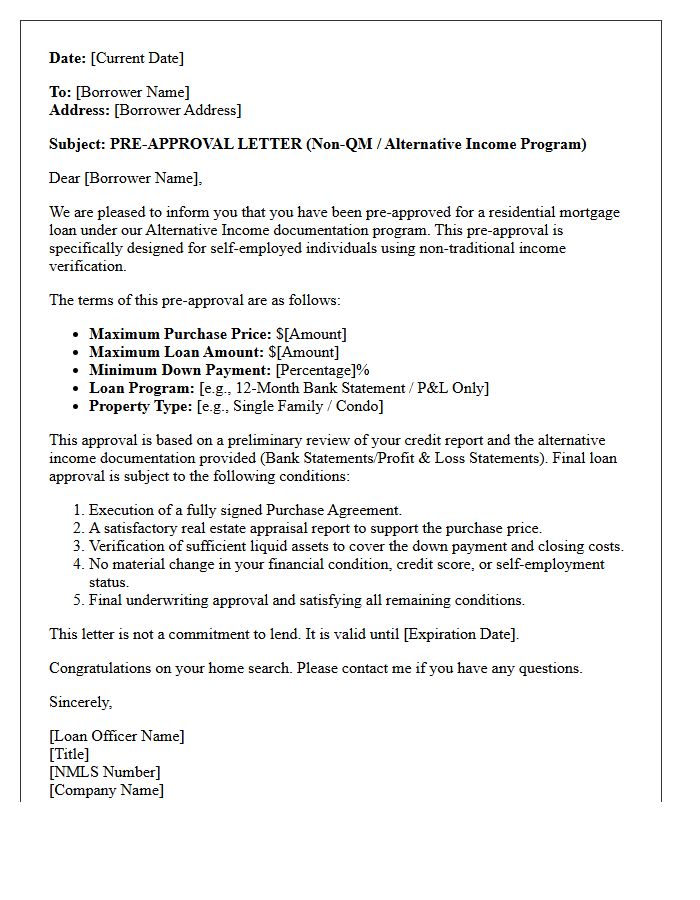 Self-Employed Alternative Income Non-Qualified Mortgage Pre-Approval Letter