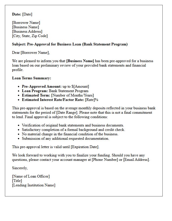 Business Bank Statement Loan Pre-Approval Letter