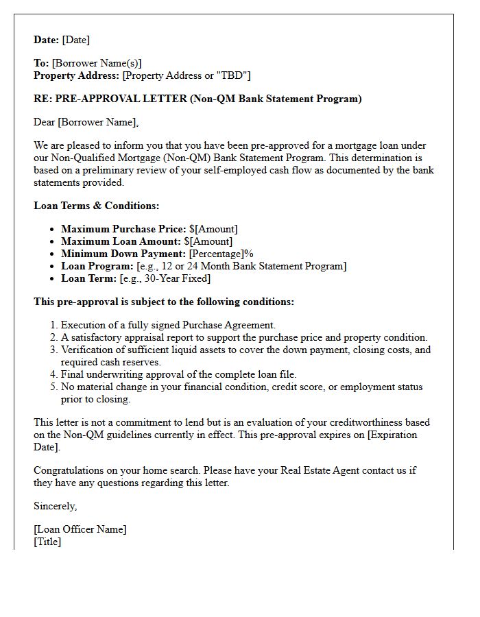 Non-Qualified Mortgage Bank Statement Program Pre-Approval Letter