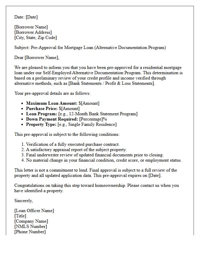 Self-Employed Alternative Documentation Pre-Approval Letter