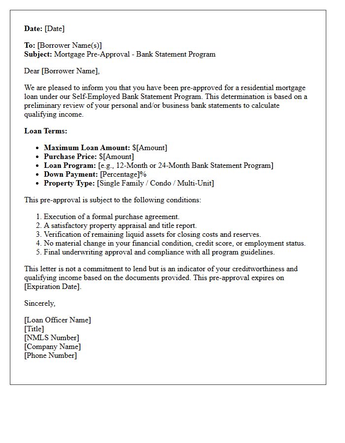 Self-Employed Borrower Bank Statement Program Pre-Approval Letter