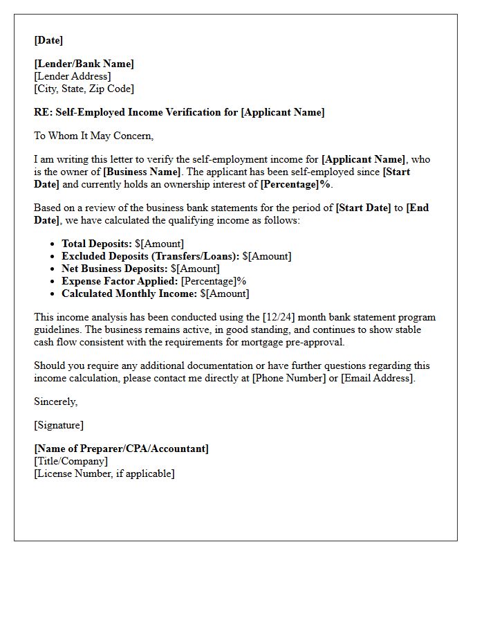Self-Employed Income Verification Bank Statement Pre-Approval Letter