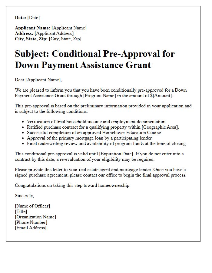 Conditional Down Payment Assistance Grant Pre-Approval Letter