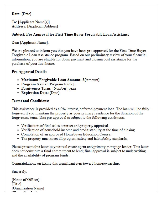 First-Time Buyer Forgivable Loan Assistance Pre-Approval Letter