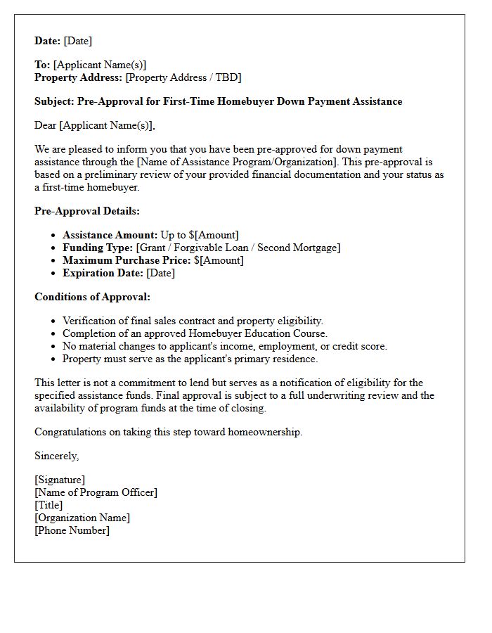 First-Time Homebuyer Down Payment Assistance Pre-Approval Letter