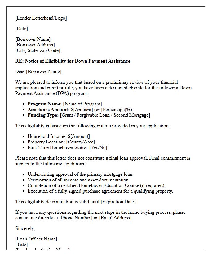 Mortgage Lender Down Payment Assistance Eligibility Letter