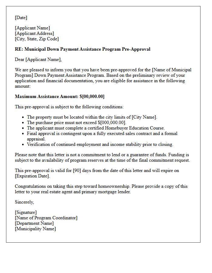 Municipal Down Payment Assistance Program Pre-Approval Letter