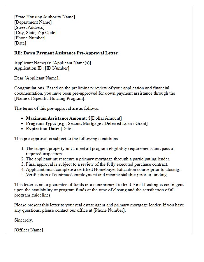 State Housing Authority Down Payment Assistance Pre-Approval Letter