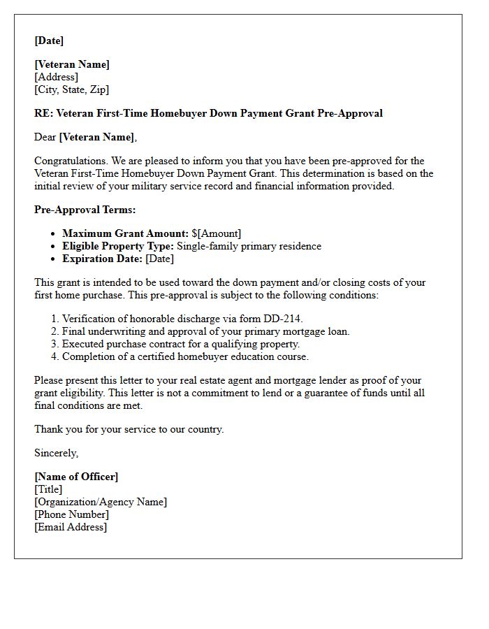 Veteran First-Time Homebuyer Down Payment Grant Pre-Approval Letter