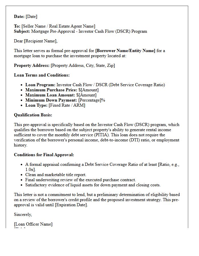 Investor Cash Flow DSCR Mortgage Pre-Approval Letter