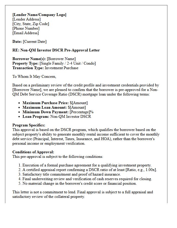 Non-QM Investor Debt Service Coverage Ratio Pre-Approval Letter