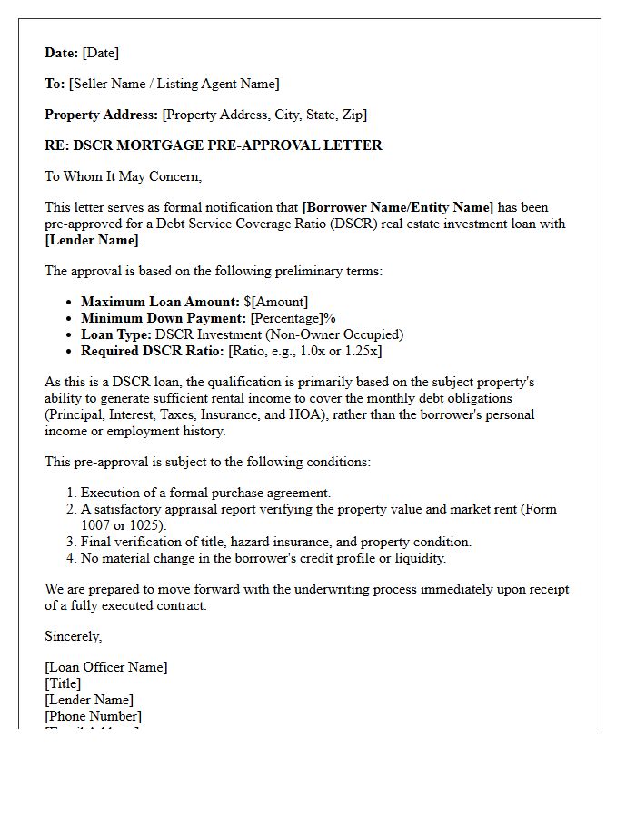 Real Estate Investor Debt Service Coverage Ratio Pre-Approval Letter
