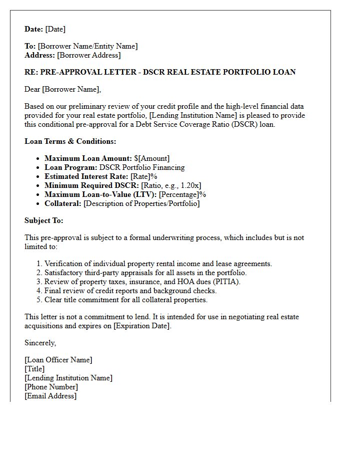 Real Estate Portfolio Debt Service Coverage Ratio Pre-Approval Letter