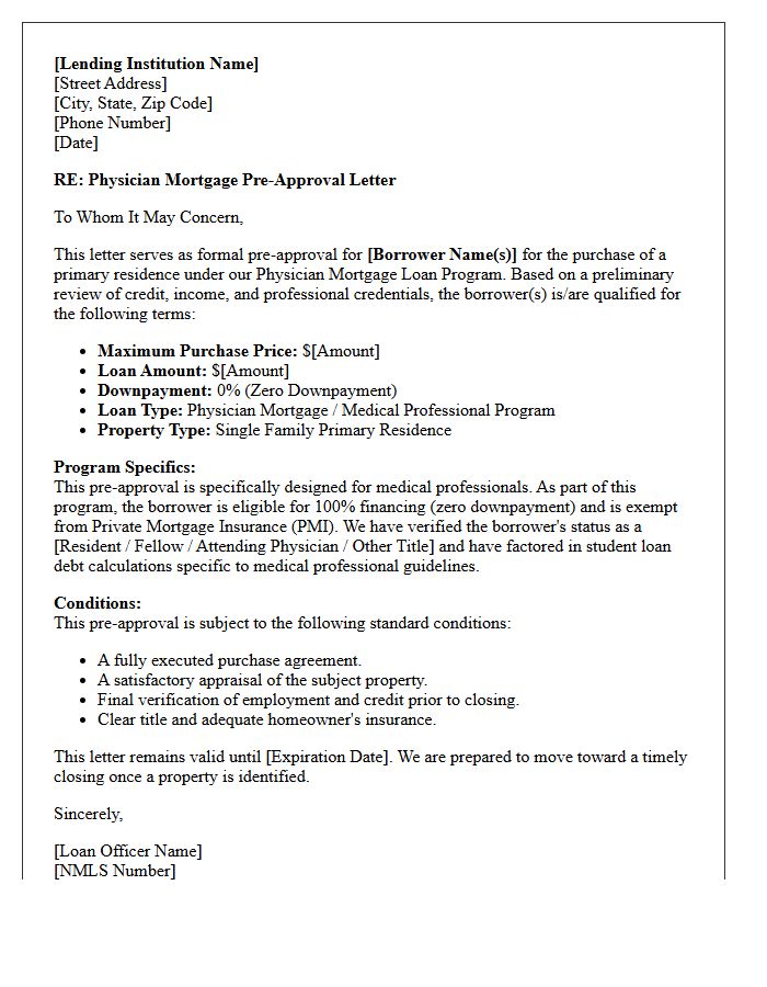 Zero Downpayment Physician Mortgage Pre-Approval Letter