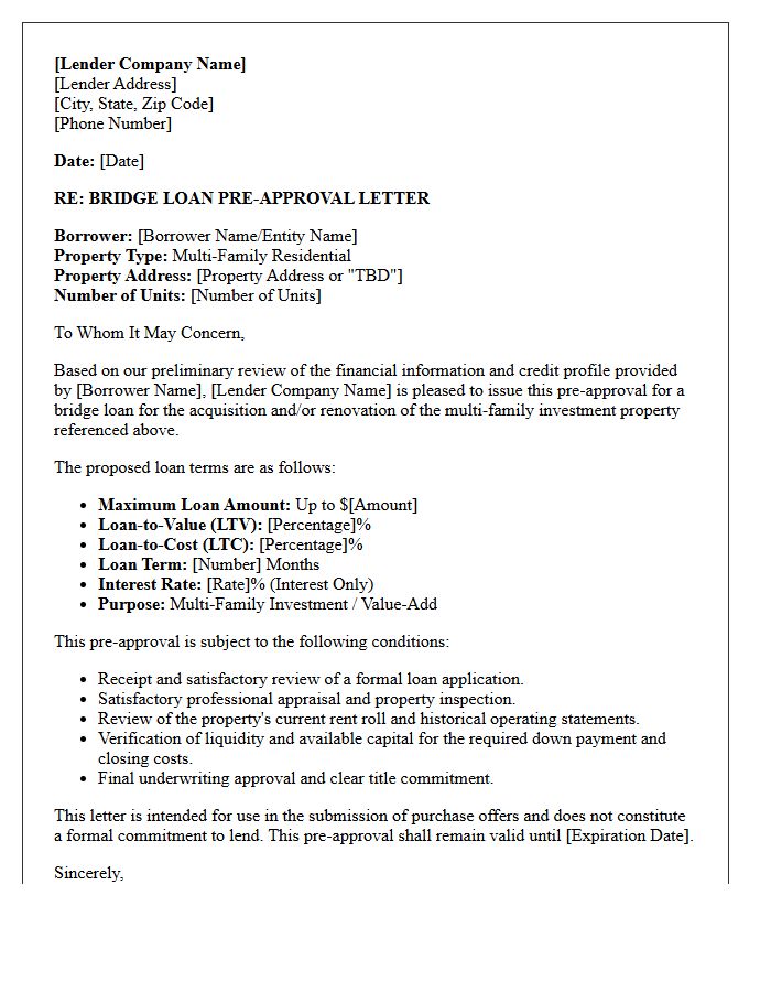 Bridge Loan Multi-Family Investment Pre-Approval Letter