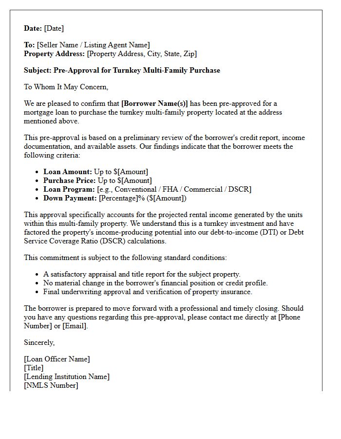 Turnkey Multi-Family Property Pre-Approval Letter