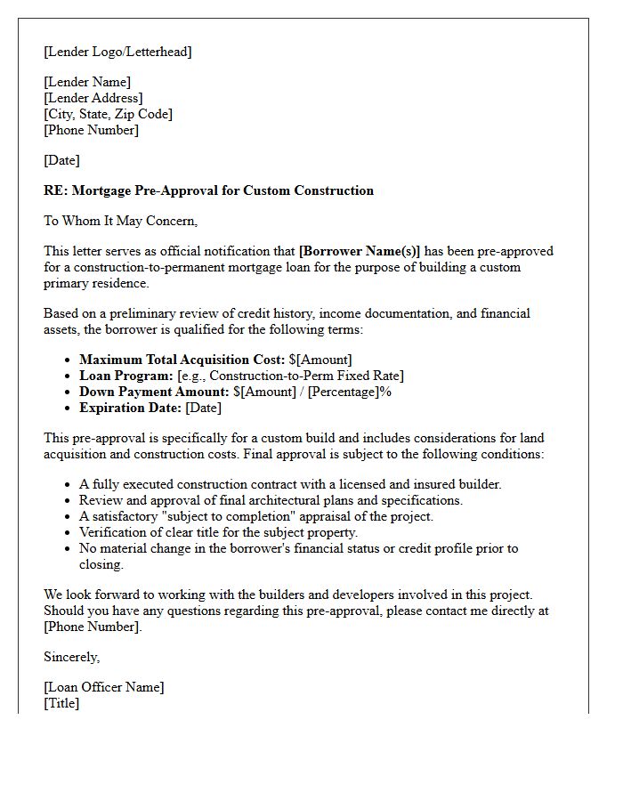 Custom Home Build Mortgage Pre-Approval Letter