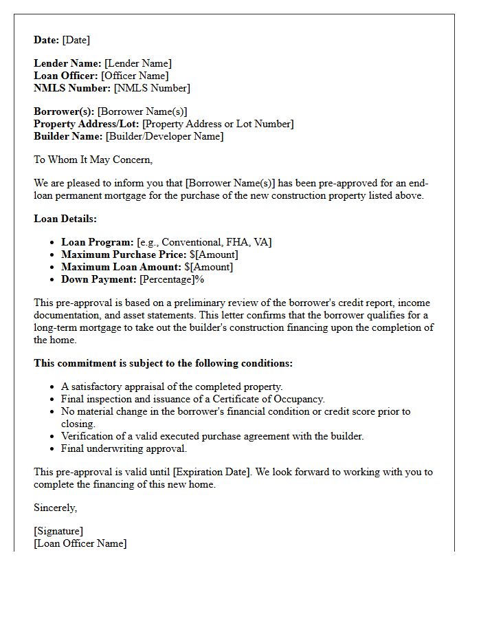 End-Loan New Construction Pre-Approval Letter