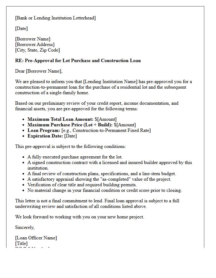 Lot Purchase And Construction Pre-Approval Letter