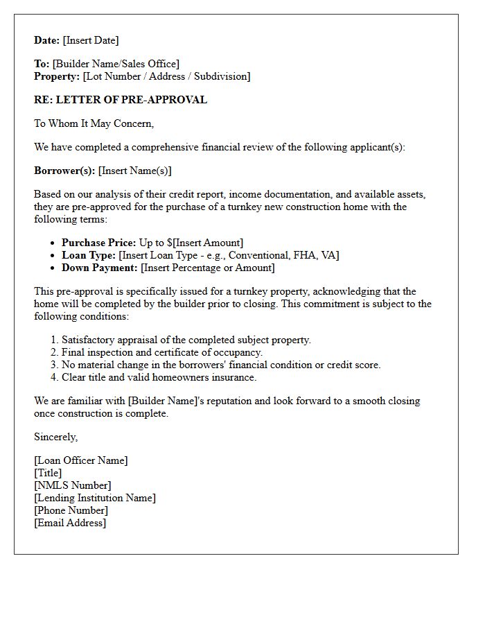 Turnkey New Construction Pre-Approval Letter