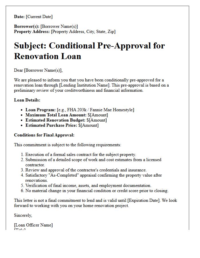 Conditional Renovation Loan Pre-Approval Letter