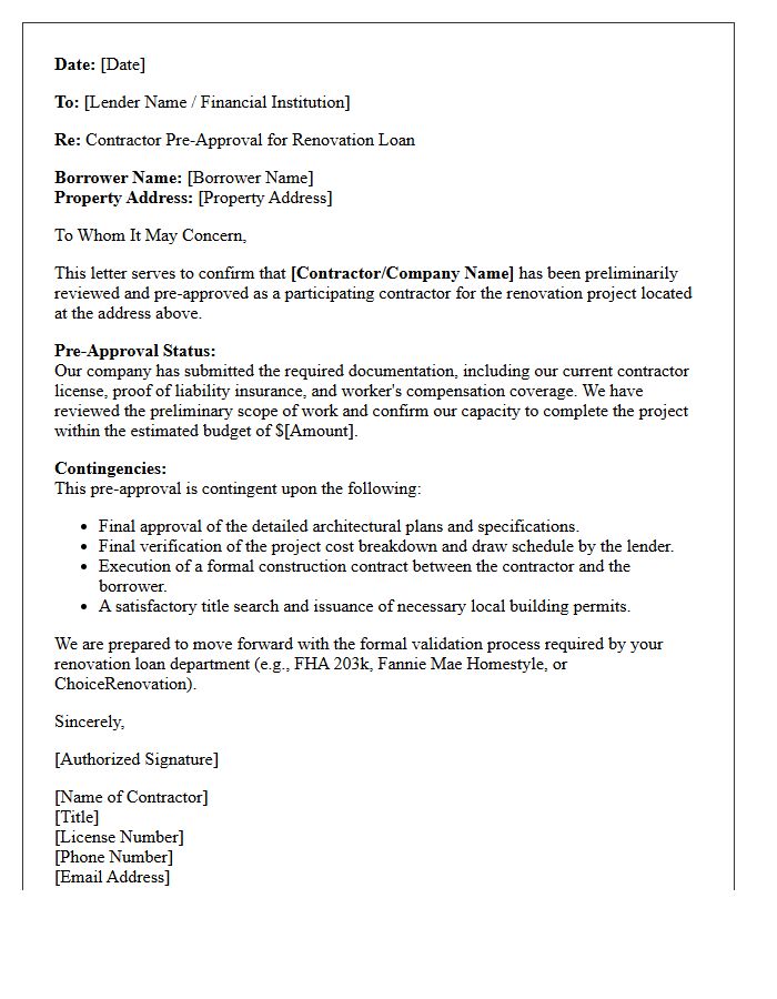 Contractor Contingent Renovation Loan Pre-Approval Letter
