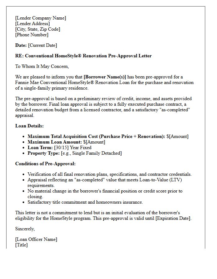Conventional HomeStyle Renovation Loan Pre-Approval Letter