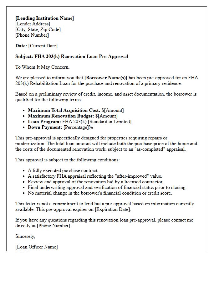 FHA 203(k) Renovation Loan Pre-Approval Letter