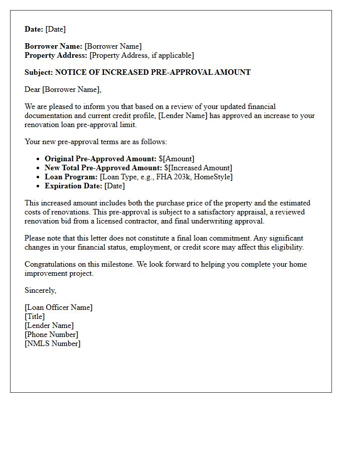 Increased Renovation Loan Pre-Approval Letter
