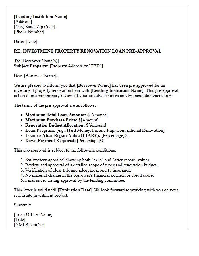 Investment Property Renovation Loan Pre-Approval Letter