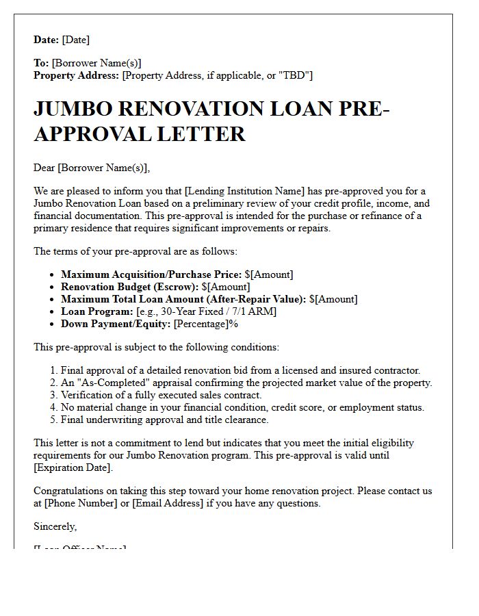 Jumbo Renovation Loan Pre-Approval Letter