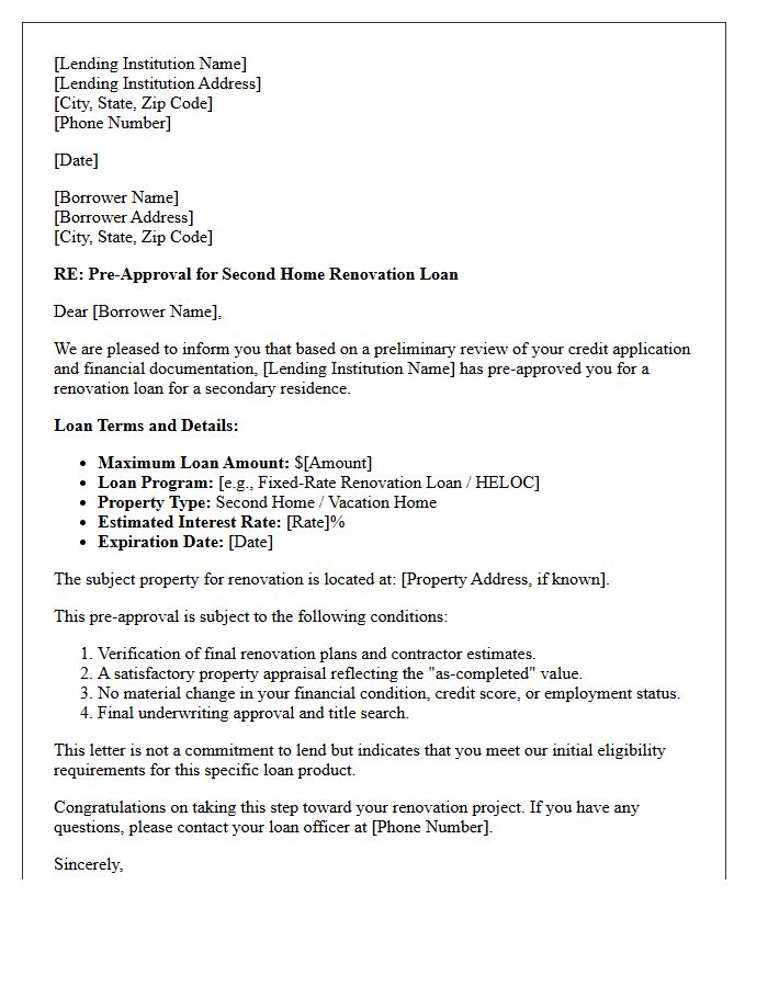 Second Home Renovation Loan Pre-Approval Letter