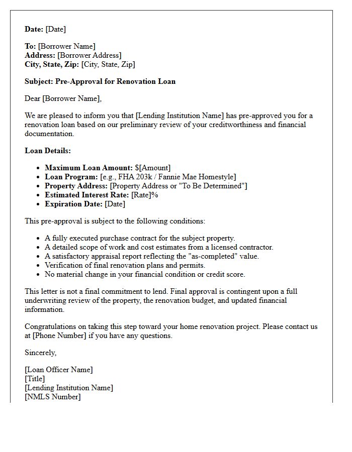 Standard Renovation Loan Pre-Approval Letter