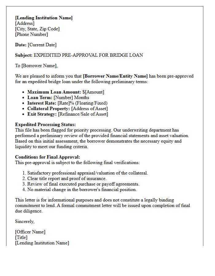 Expedited Processing Bridge Loan Pre-Approval Letter