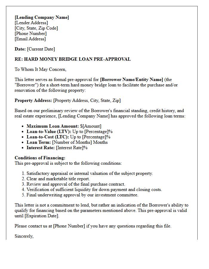 Hard Money Bridge Loan Pre-Approval Letter