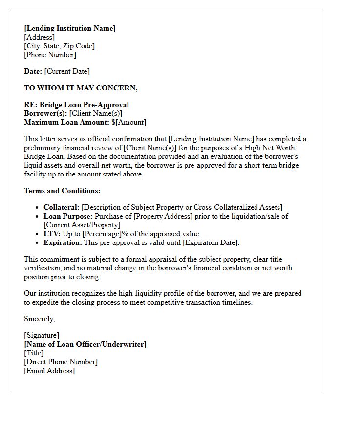 High Net Worth Bridge Loan Pre-Approval Letter