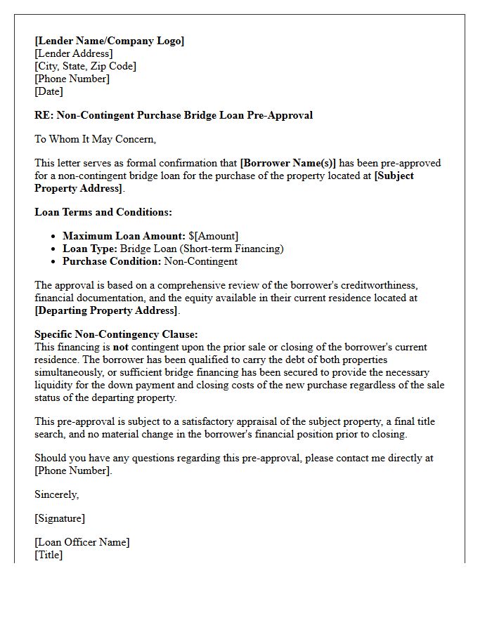 Non-Contingent Purchase Bridge Loan Pre-Approval Letter